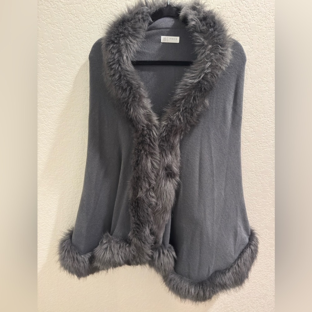 Gray Faux Fur Trimmed Women's Shawl by Janice Apparel